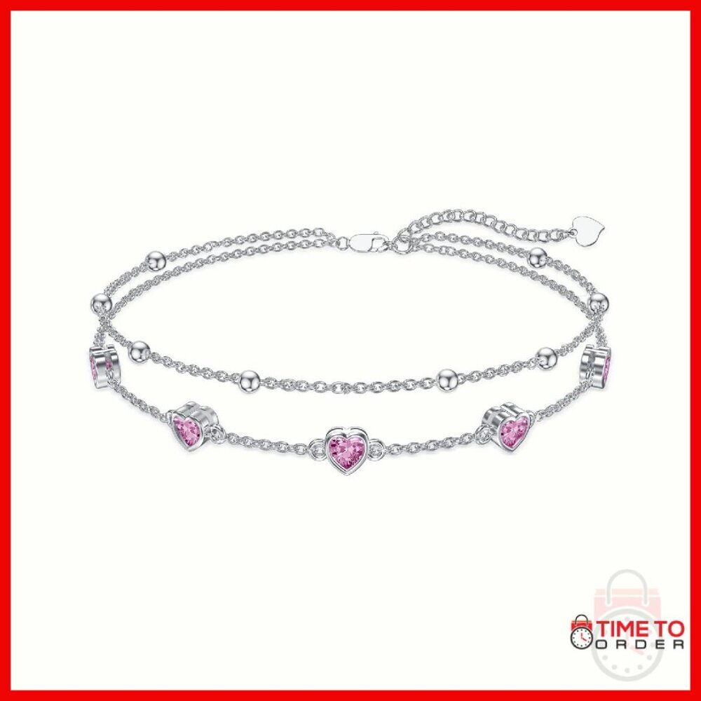 925 Sterling Silver Heart Birthstone Anklet Adjustable 9+2 Inch